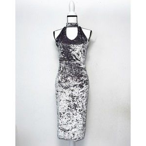 Vintage Signature Silver Velvet High Neck Sleeveless Sheath Dress Womens Size 14